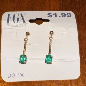 Vintage New on Card Gold tone Drop‎ Post Earrings with Green rhinestones